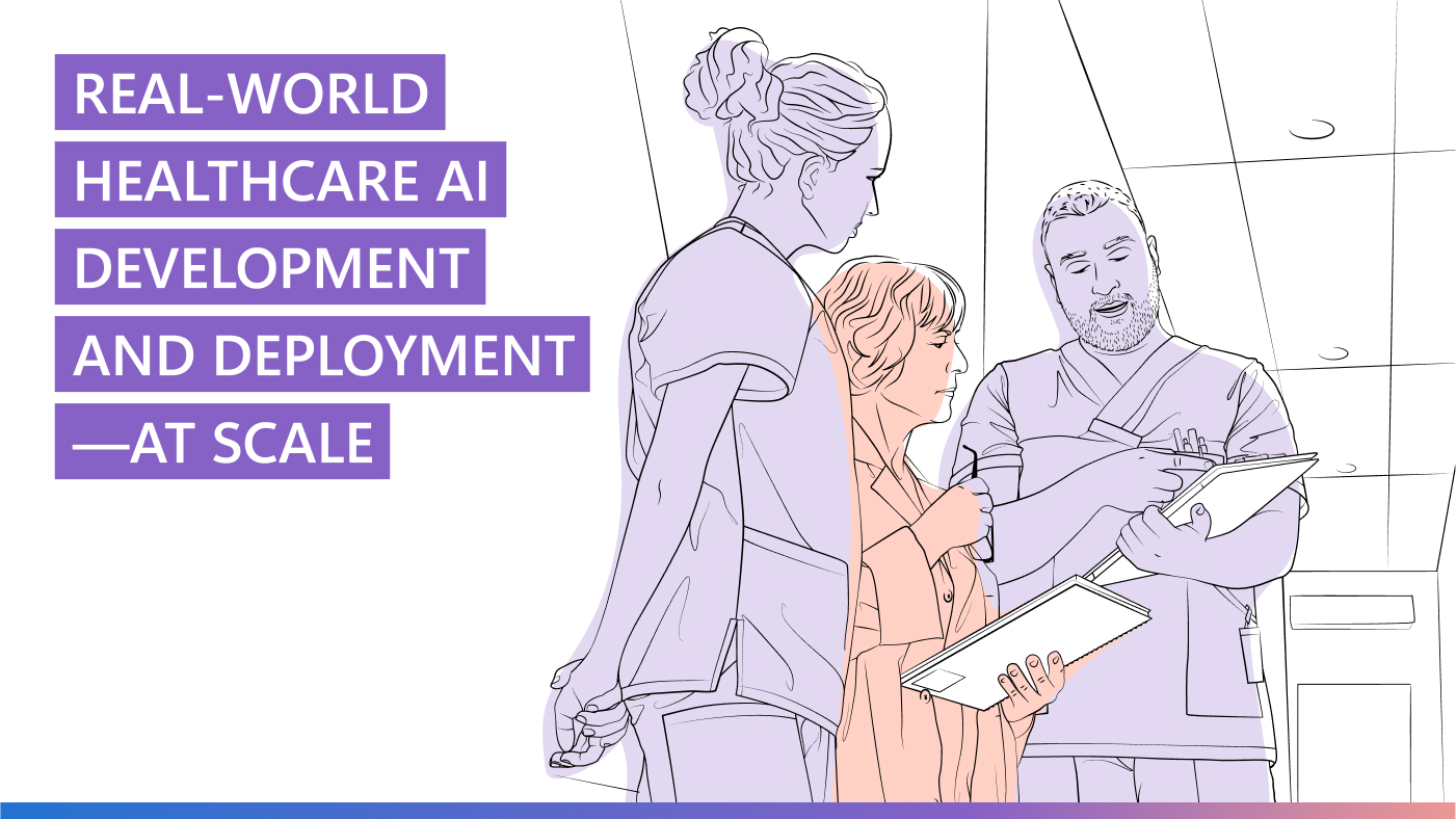 AI Revolution podcast | Episode 2 - The reality of generative AI in the clinic | outline illustration of a doctor and nurses looking at charts