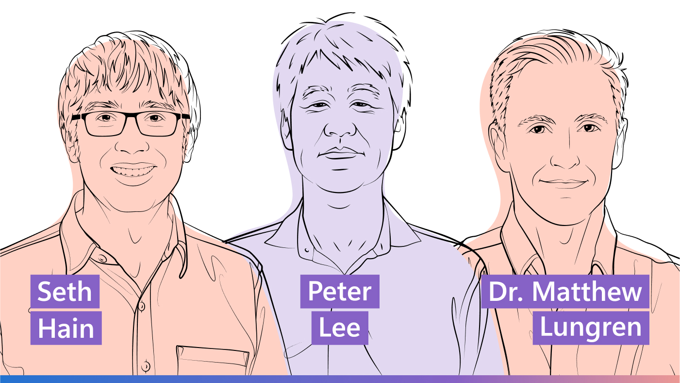 AI Revolution podcast | Episode 2 - Real-world healthcare AI development and deployment—at scale | outline illustration of Seth Hain, Peter Lee, Dr. Matthew Lungren