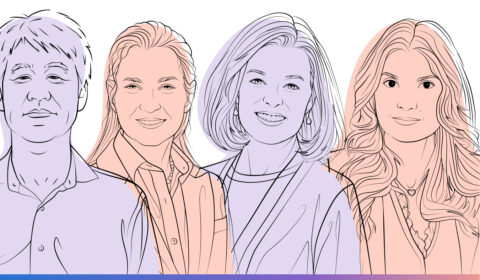 AI Revolution podcast | Episode 4 - Laws, norms, and ethics for AI in health | outline illustration of Peter Lee, Vardit Ravitsky, Laura Adams, and Dr. Roxana Daneshjou