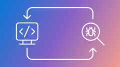 DeBug blog graphic with a line drawing of a computer screen on the left and a magnifying glass with a bug on the right.