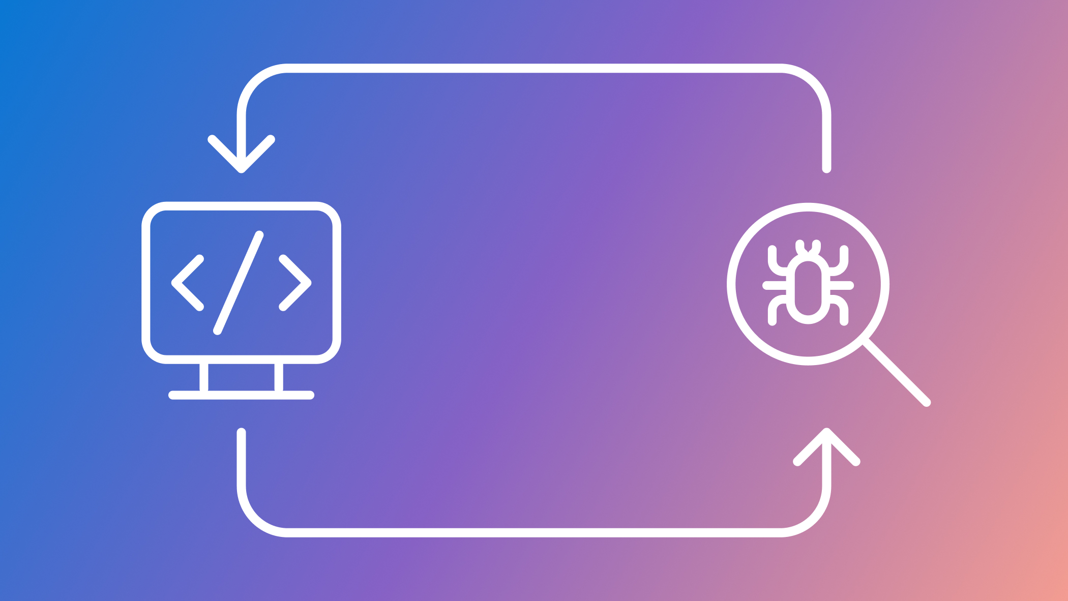 A graphic with a gradient background transitioning from blue on the left to pink on the right. The graphic features a white outline of a computer monitor with code brackets on the screen, an arrow pointing downwards into the monitor, and another arrow curving around to point upwards towards a magnifying glass with a bug icon inside it.