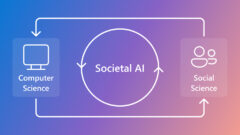 Societal AI surrounded by a circle with two directional arrows in the center of a rectangle with Computer Science and a computer icon on the left with a directional arrow pointing to Social Science on the right with two avatar icons.