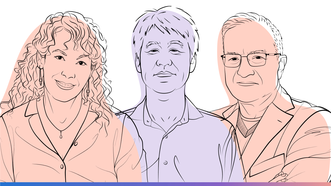 AI Revolution podcast | Episode 5 - Coauthor roundtable: Reflecting on real world of doctors, developers, patients, and policymakers | outline illustration of Carey Goldberg, Peter Lee, and Dr. Isaac (Zak) Kohane