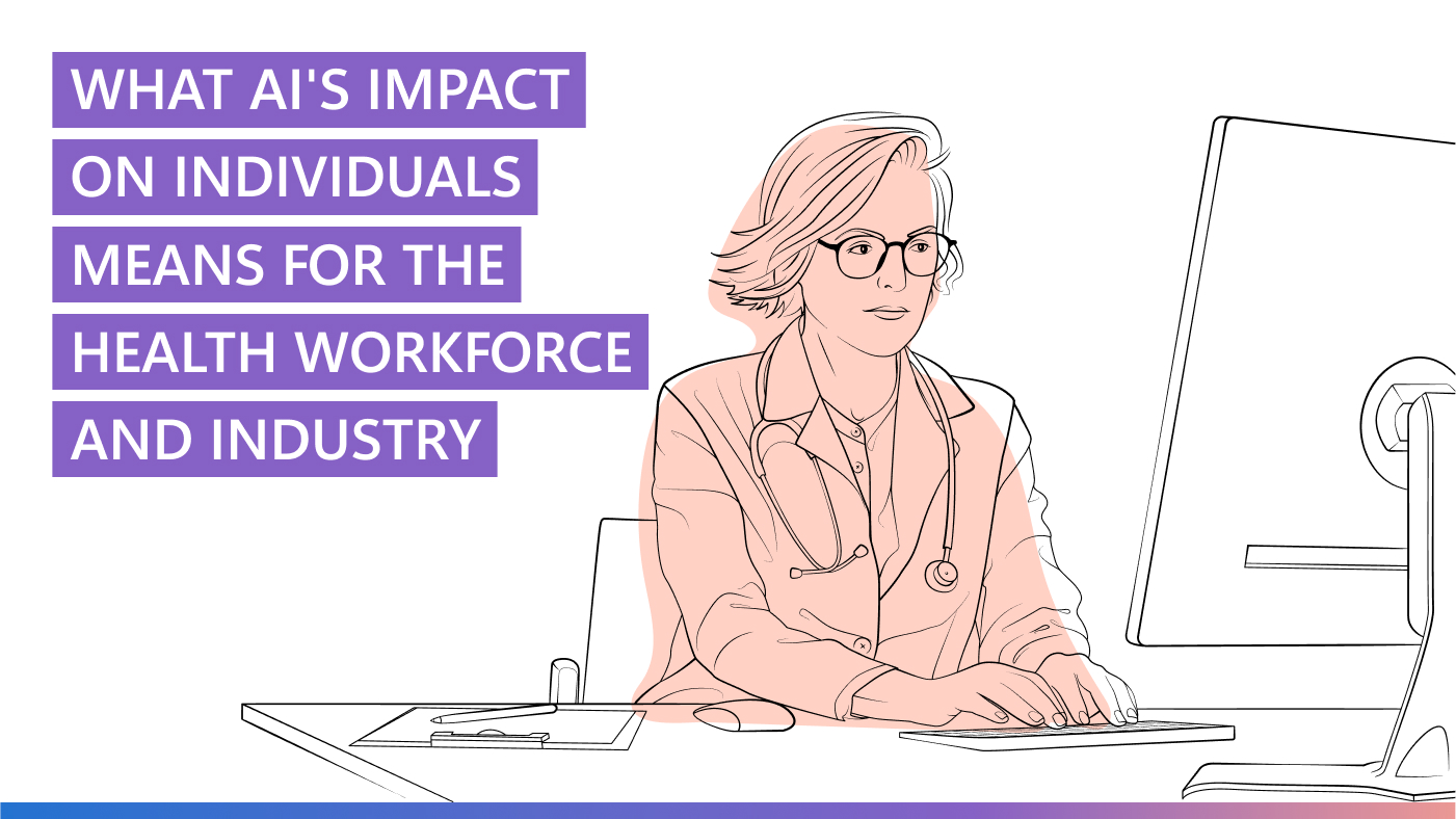 AI Revolution in Medicine | What AI's impact on individuals means for the health workforce and industry | Illustration of a female doctor typing at a computer