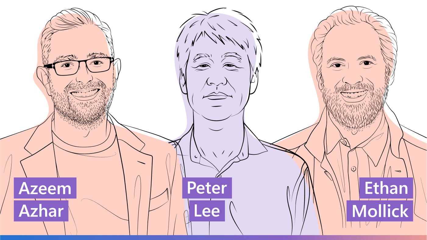 Illustrated headshots of Azeem Azhar, Peter Lee, and Ethan Mollick.
