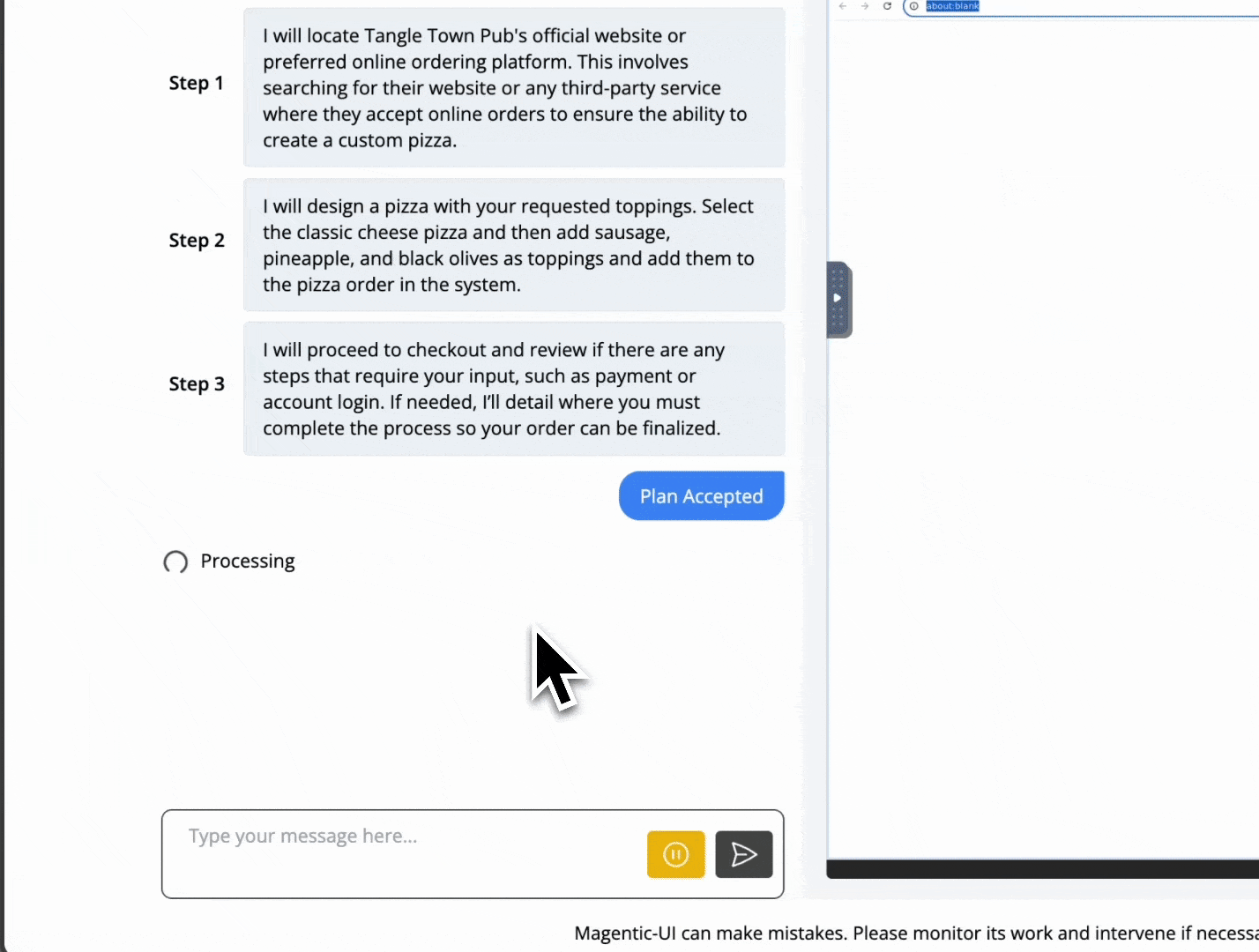 Co-tasking. This fiture shows how magentic-ui shows the plan it created to the user and allows the user to push a button to accept the plan or modify it.