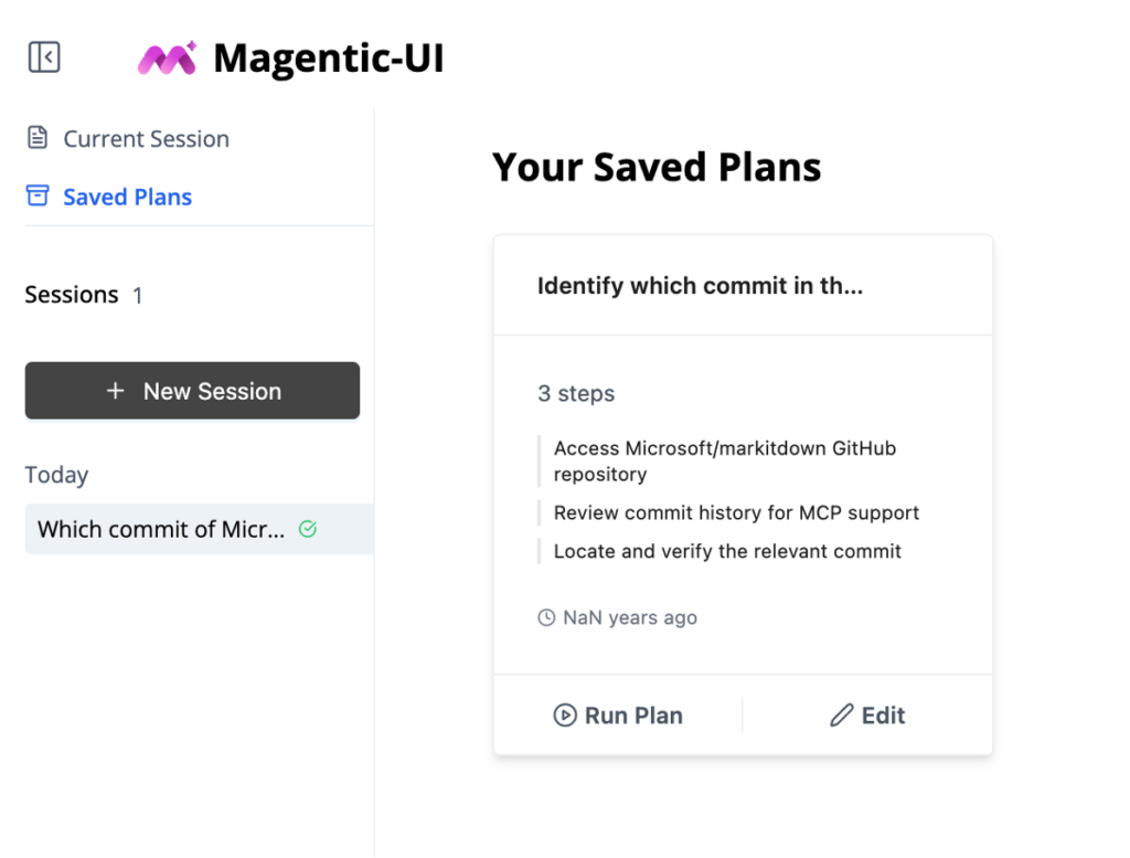 This figure shows how users can see their saved plans and click on a button to either run that same plan or edit it before running it.