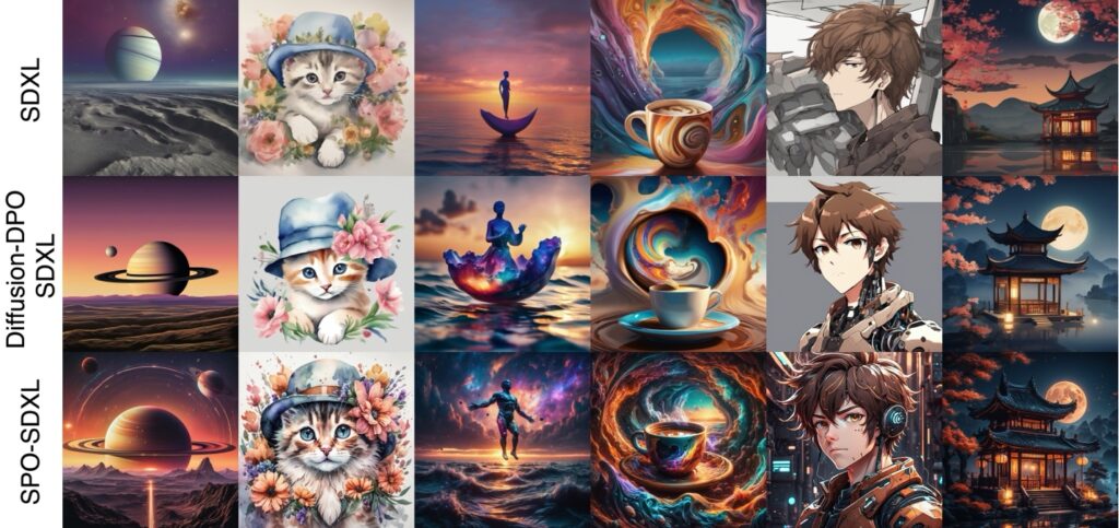 SDXL、Diffusion-DPO-SDXL 和 SPO-SDXL 的定性对比