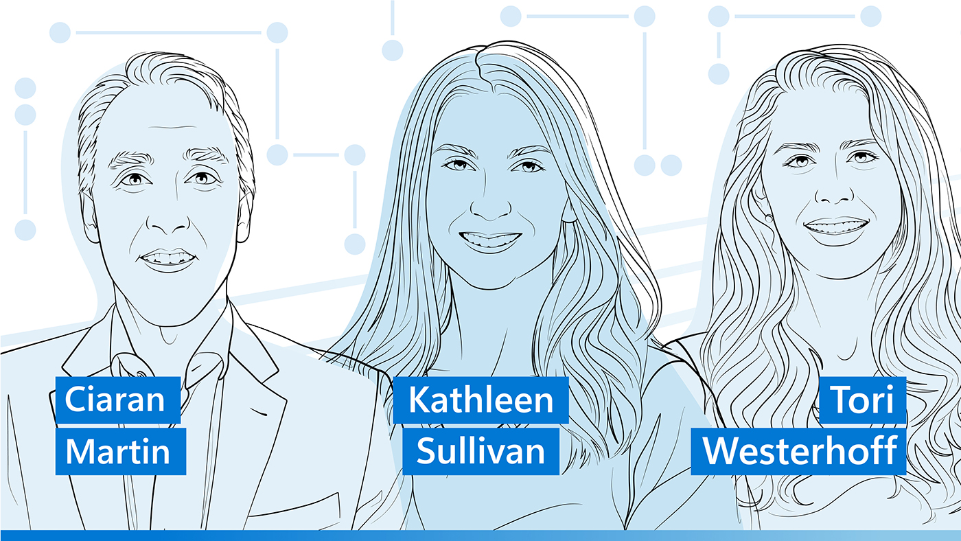 Illustrated images of Kathleen Sullivan, Ciaran Martin, and Tori Westerhoff for the Microsoft Research podcast