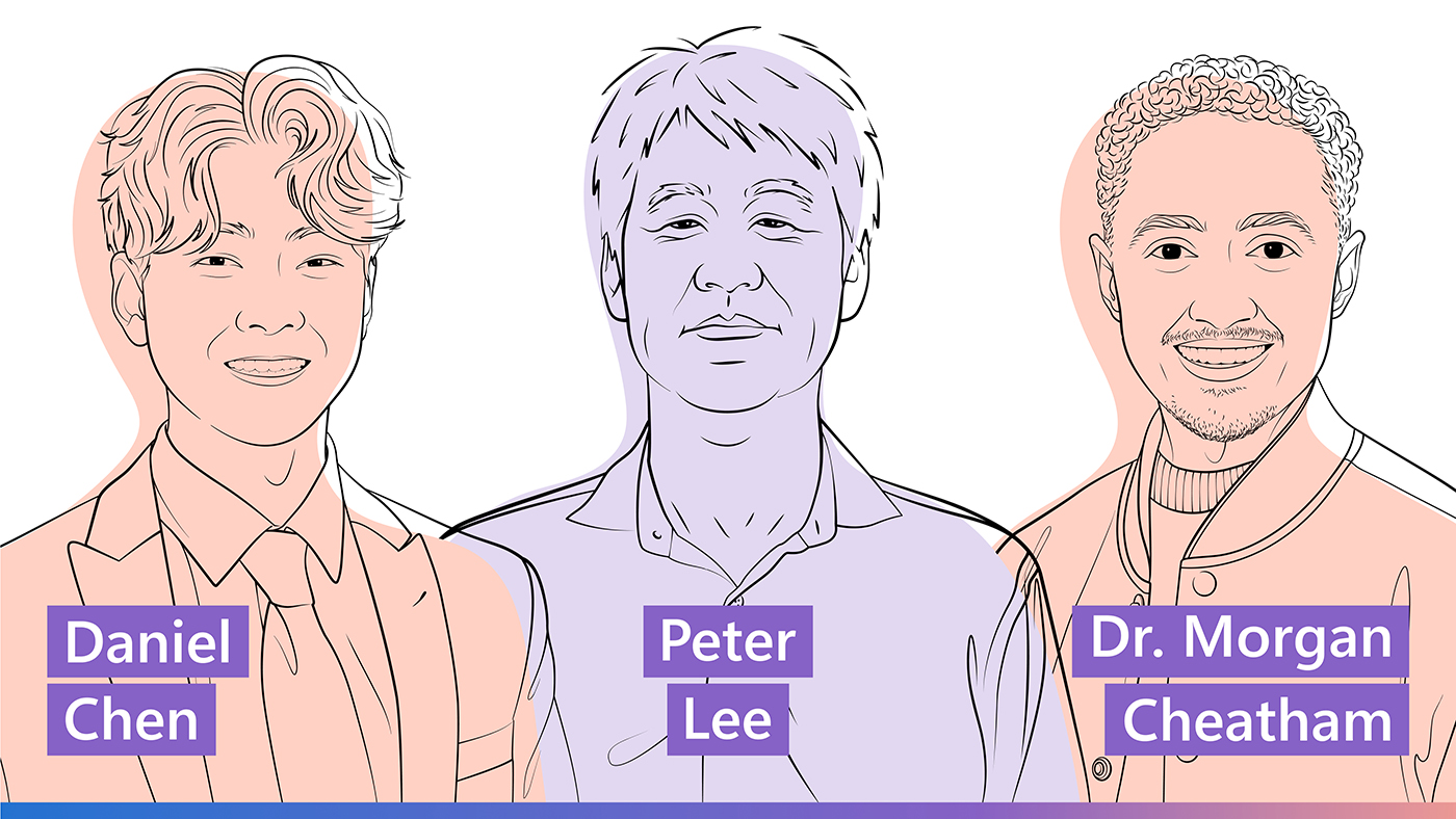 AI Revolution | Illustrated headshots of Daniel Chen, Peter Lee, and Dr. Morgan Cheatham