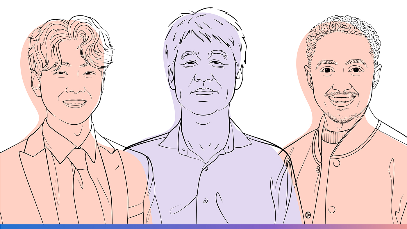 AI Revolution | Illustrated headshots of Daniel Chen, Peter Lee, and Dr. Morgan Cheatham