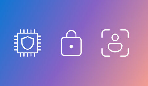 Three white line icons on a gradient background transitioning from blue to pink. From left to right: icon representing a computer chip, padlock icon, an avatar icon