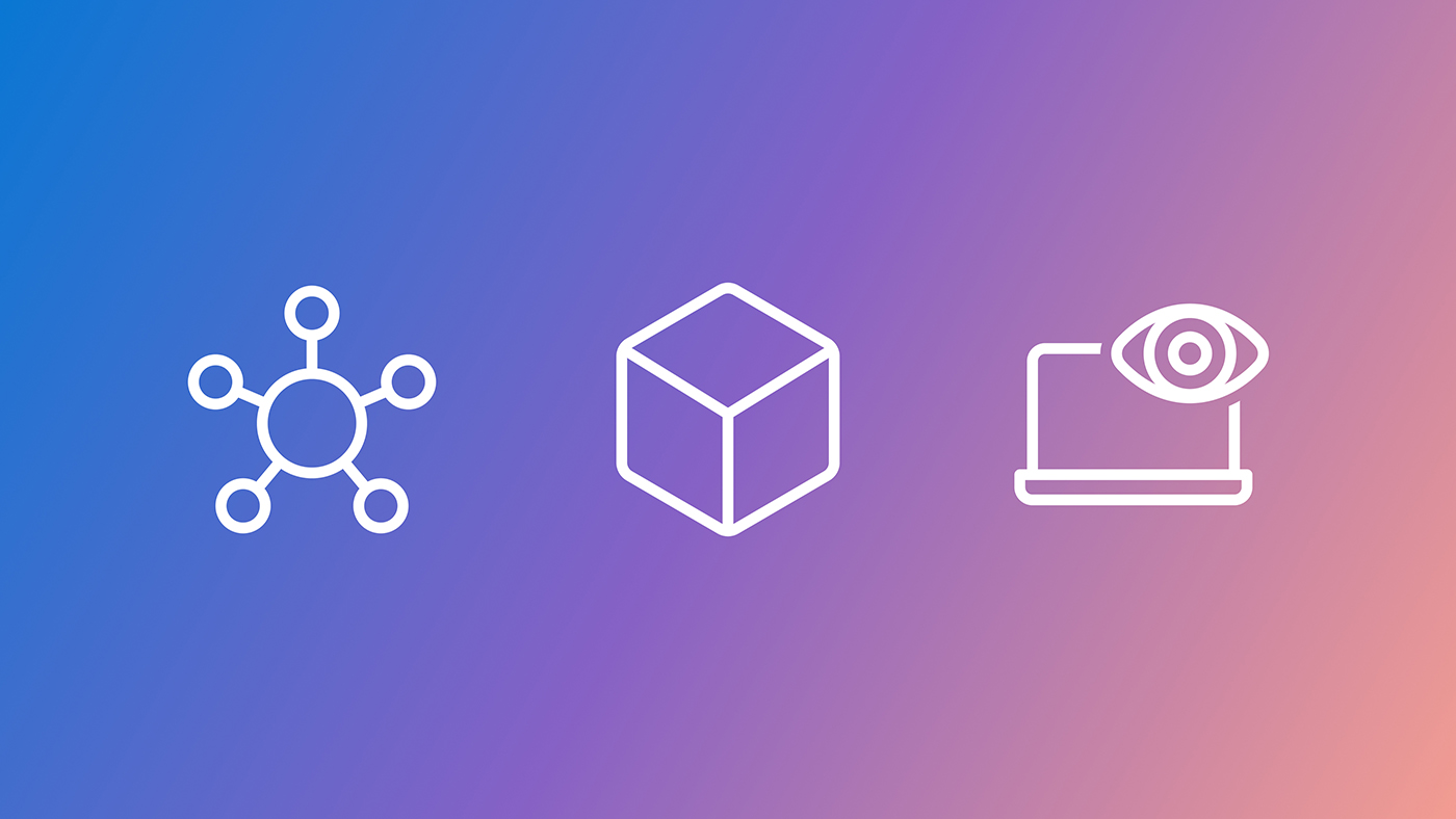 Three white line icons on a gradient background transitioning from blue to pink. From left to right: a network or molecule structure with a central circle and six surrounding nodes, a 3D cube, and an open laptop with an eye symbol above it.