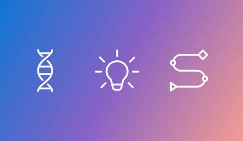 A gradient background transitioning from blue to pink with three white icons: a DNA double helix, a light bulb with rays, and a stylized path with arrows and nodes.