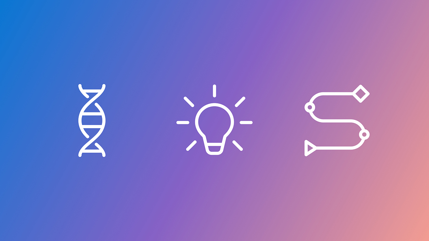 A gradient background transitioning from blue to pink with three white icons: a DNA double helix, a light bulb with rays, and a stylized path with arrows and nodes.