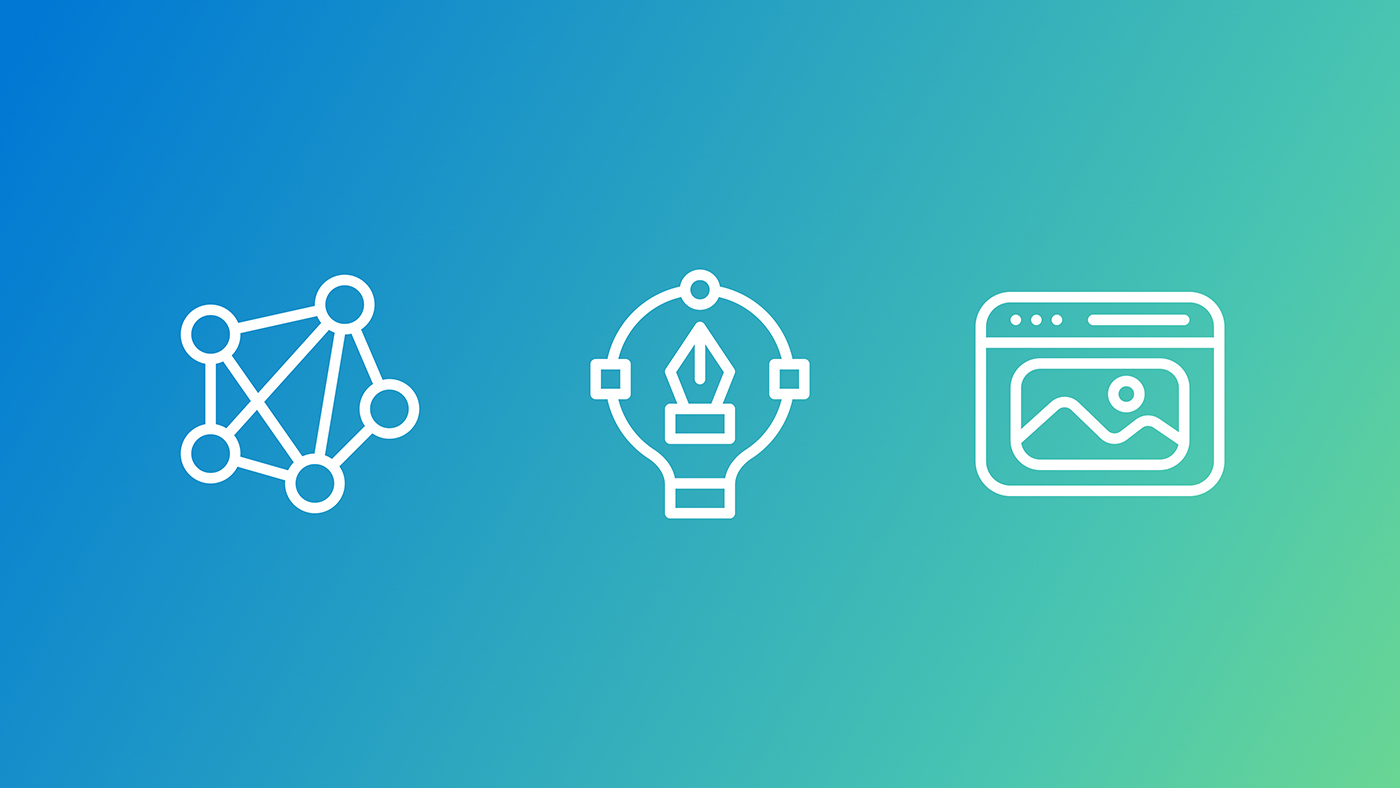 Three white icons on a gradient background transitioning from blue to green. From left to right: network node icon, lightbulb-shaped icon with a path tool icon in the center; a monitor icon showing a web browser icon