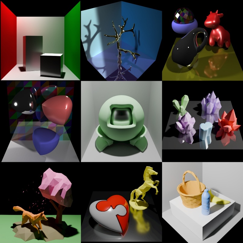 Figure 4: The figure presents a 3×3 grid of diverse 3D scenes rendered by RenderFormer. In the top row, the first scene shows a room with red, green, and white walls containing two rectangular prisms; the second features a metallic tree-like structure in a blue-walled room with a reflective floor; and the third depicts a red animal figure, a black abstract shape, and a multi-faceted sphere in a purple container on a yellow surface. The middle row includes three constant width bodies (black, red, and blue) floating above a colorful checkered floor; a green shader ball with a square cavity inside a gray-walled room; and crystal-like structures in green, purple, and red on a reflective surface. The bottom row showcases a low-poly fox near a pink tree emitting particles on grassy terrain; a golden horse statue beside a heart-shaped object split into red and grey halves on a reflective surface; and a wicker basket, a banana and a bottle placed on a white platform.