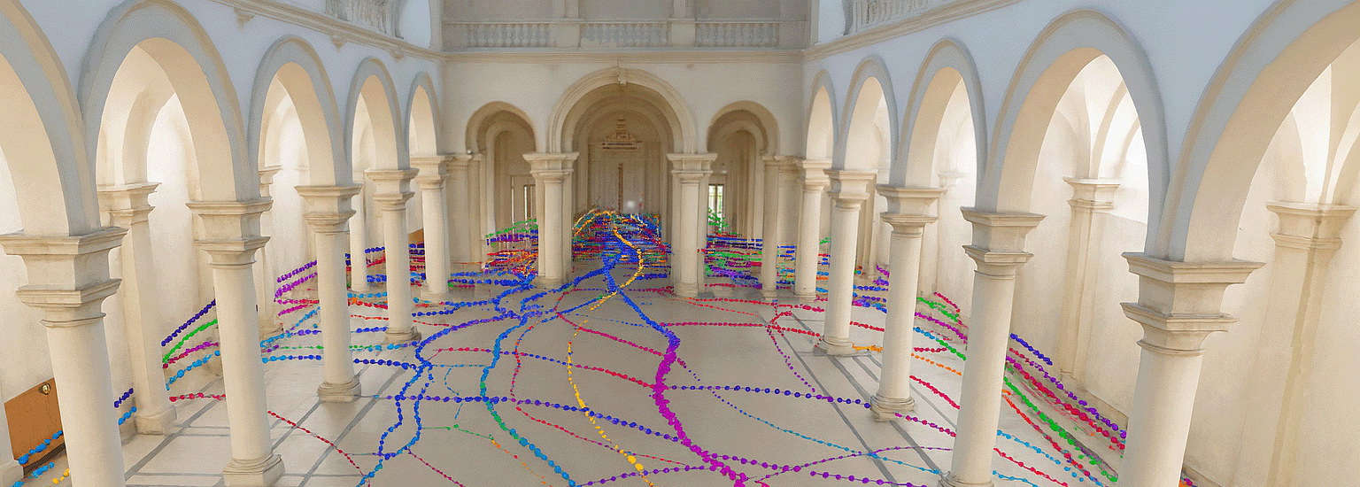 Spatial AI lab header | AI-generated | room of arches with colored dotted trails