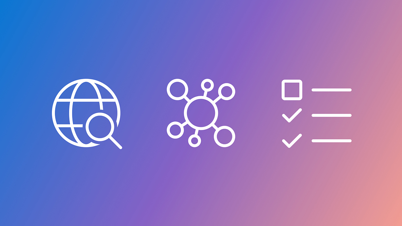 Three white icons on a gradient background transitioning from blue to purple to pink. From left to right: a globe with a magnifying glass representing internet search, a central circle connected to smaller circles symbolizing network connectivity, and a checklist with two checkmarks and one empty box indicating task management.
