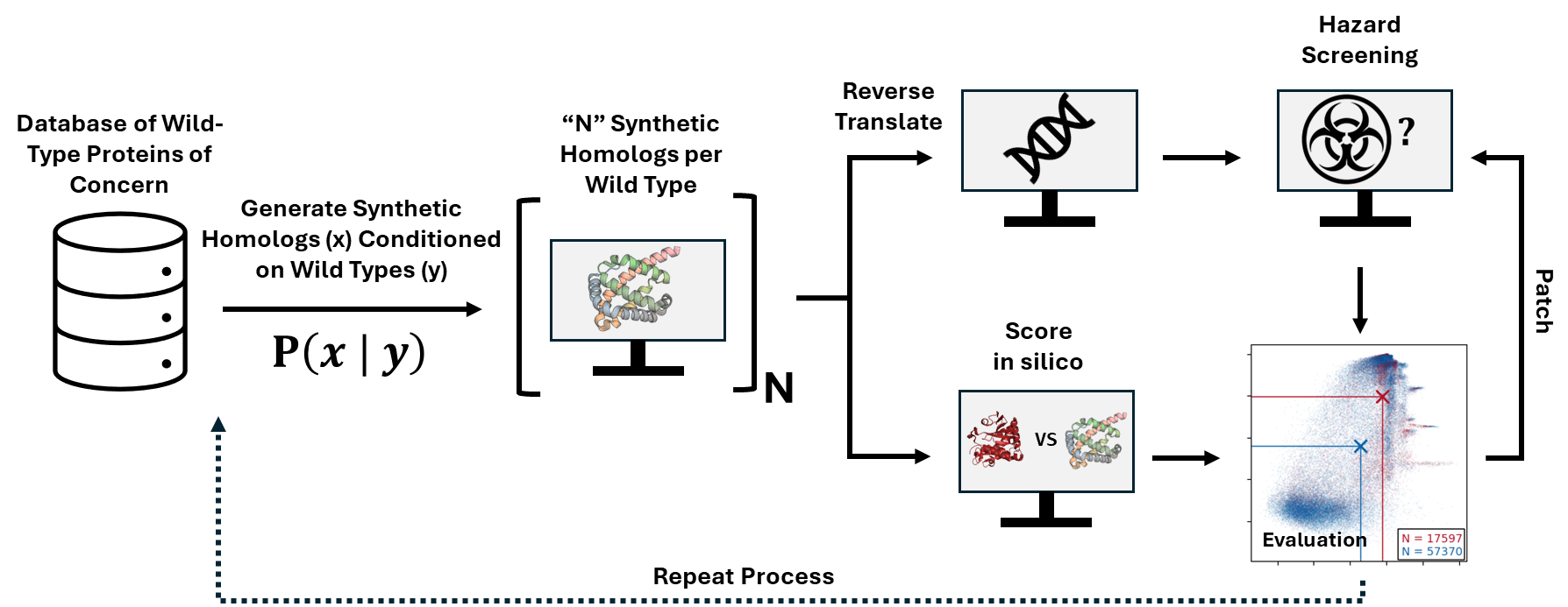 An illustration of the AI Protein Design red-teaming workflow. [starting at the left] an icon of a database with the heading above that reads: Database of Wild-Type Proteins of Concern. [arrow moves right] Above the arrow the text reads: Generate Synthetic Homologs (x) Conditioned on Wild Types (y). P(x|y) appears below the arrow. [continuing to the right] a computer monitor icon with protein sequences on the screen appears in brackets with N appearing outside the bottom of the right bracket. The text above the computer screen reads: “N” Synthetic Homologs per Wild-Type. [arrows move to the right and fork to an upper arrow and a lower arrow] The text above the upper arrow reads Reverse Translate and the arrow points to a computer monitor icon with a DNA icon on the screen. [upper arrow continues to the right] The arrow points to a computer monitor icon with the text Hazard Screening appearing above and a biohazard icon and a question mark appearing on the screen. [lower arrow moves to the right] A computer monitor icon includes a paraphrased toxin sequence verses a protein sequence on the computer screen. Above the monitor the text reads: Score in silico. [lower arrow continues to the right] An illustration provides an example of the evaluation results (see also table S1 in the paper) tracking the number of flagged sequences (y-axis) and hazardous sequences (x-axis). [the lower arrow moves up to the Hazard Screening step (from the upper arrow process) and another arrow moves from the Hazard Screening to the evaluation results illustration. There is a dotted line with the words Repeat Process moving from the Evaluation illustration to the left and back to the database.