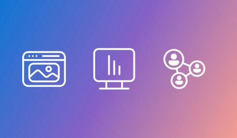 Three white icons on a blue-to-purple gradient background: the first icon shows an image/photo; the second icon depicts a computer monitor with vertical bars; the third icon displays three connected circles with user silhouettes.