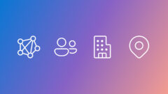 Four white icons on a blue-to-purple gradient background: the first icon shows a node cluster, the second shows two persons, the third is a building, and the fourth is a location pin