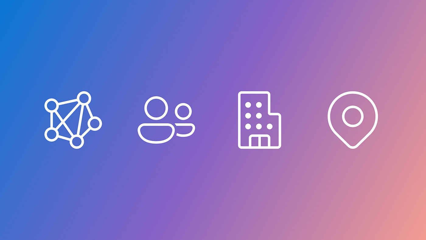 Four white icons on a blue-to-purple gradient background: the first icon shows a node cluster, the second shows two persons, the third is a building, and the fourth is a location pin