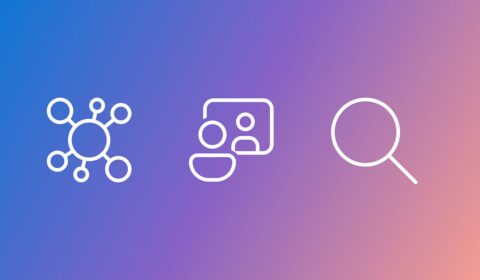 Three white icons on a blue-to-purple gradient background: the first icon shows a node cluster, the second shows a person in front of a screen with another person, the third is a magnifying glass
