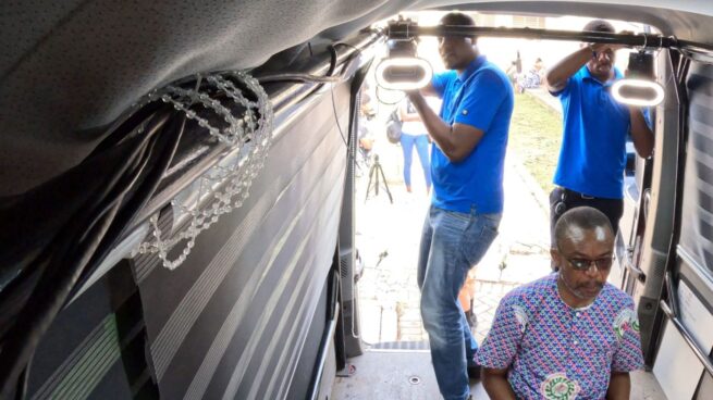3D Telecommunications | A combined team of technicians from ECL Global and Korle Bu Teaching Hospital in Ghana prepares the mobile 3D Telemedicine installation for use in Koforidua, Ghana.