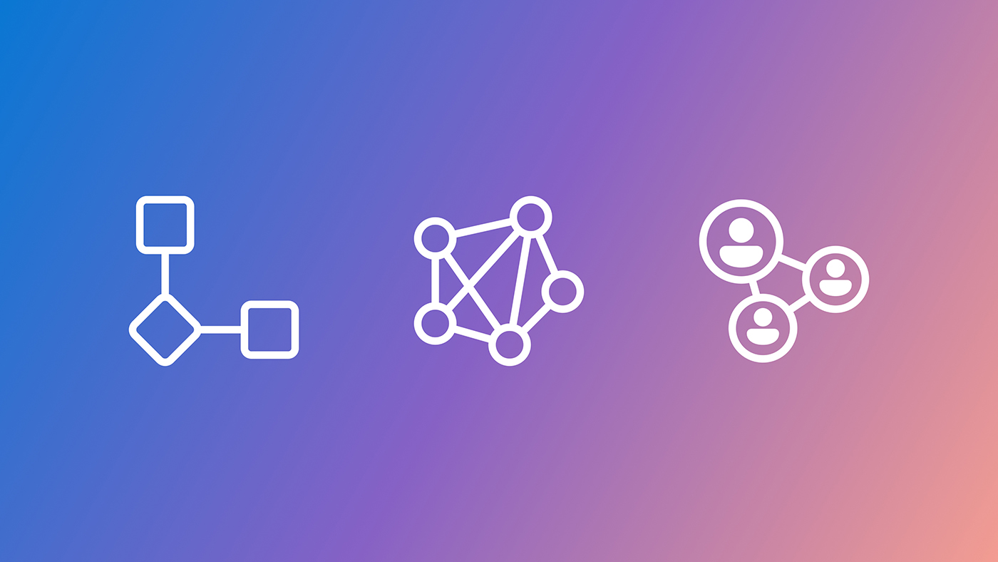 Three white line icons on a blue-to-purple gradient background: the first icon shows a simple flowchart with connected squares and a diamond, the second icon shows a network of interconnected circles, and the third icon shows three user profile symbols linked together.