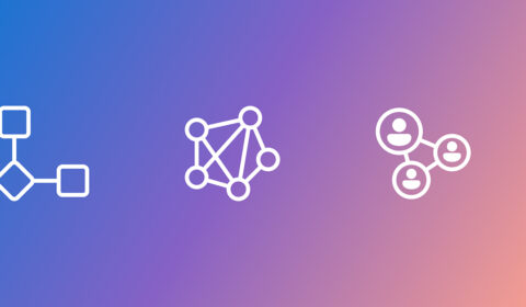 Three white line icons on a blue-to-purple gradient background: the first icon shows a simple flowchart with connected squares and a diamond, the second icon depicts a network of interconnected circles, and the third icon represents a social connection diagram with three user profile symbols linked together.