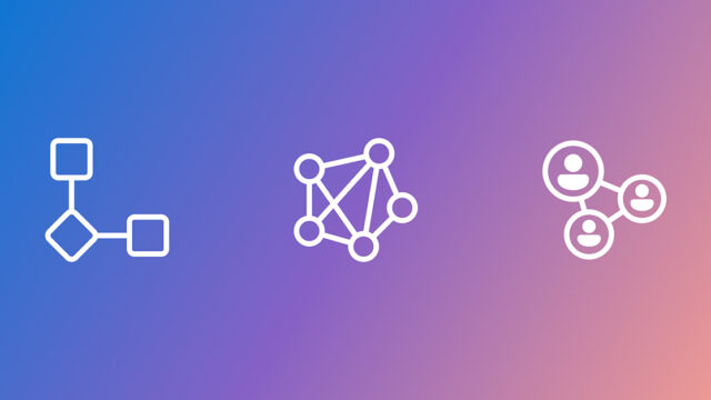 Three white line icons on a blue-to-purple gradient background: the first icon shows a simple flowchart with connected squares and a diamond, the second icon depicts a network of interconnected circles, and the third icon represents a social connection diagram with three user profile symbols linked together.