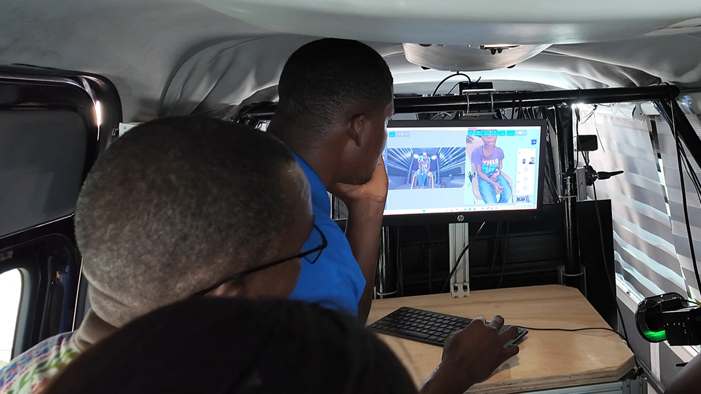 Engineers from ECL Global and Korle Bu Teaching Hospital verify the quality of the 3D transmission from the van to remote healthcare professionals connected to the 3D Telemedicine session over Microsoft Teams.