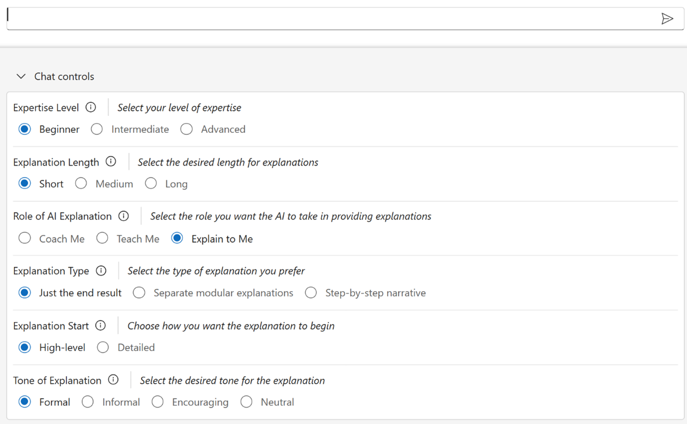 Alt text: The Static PRC interface in the user study. It includes dropdowns and radio buttons for selecting expertise level (Beginner to Advanced), explanation length (Short to Long), role of AI (Coach, Teach, Explain), explanation type (End result, Modular, Step-by-step), starting point (High-level or Detailed), and tone (Formal, Informal, Encouraging, Neutral).