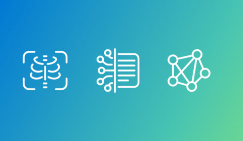 Three white icons on a blue‑green gradient: a ribcage scan, a circuit‑style document, and a neural network diagram