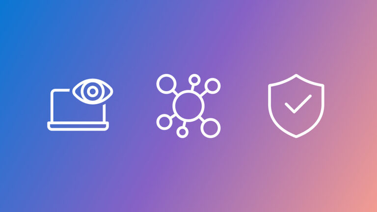 AsgardBench | three whit icons on a blue to purple gradient background | first icon shows a laptop screen with a eye in the upper right corner, second icon shows relational nodes | third icon is a security shield with a checkmark