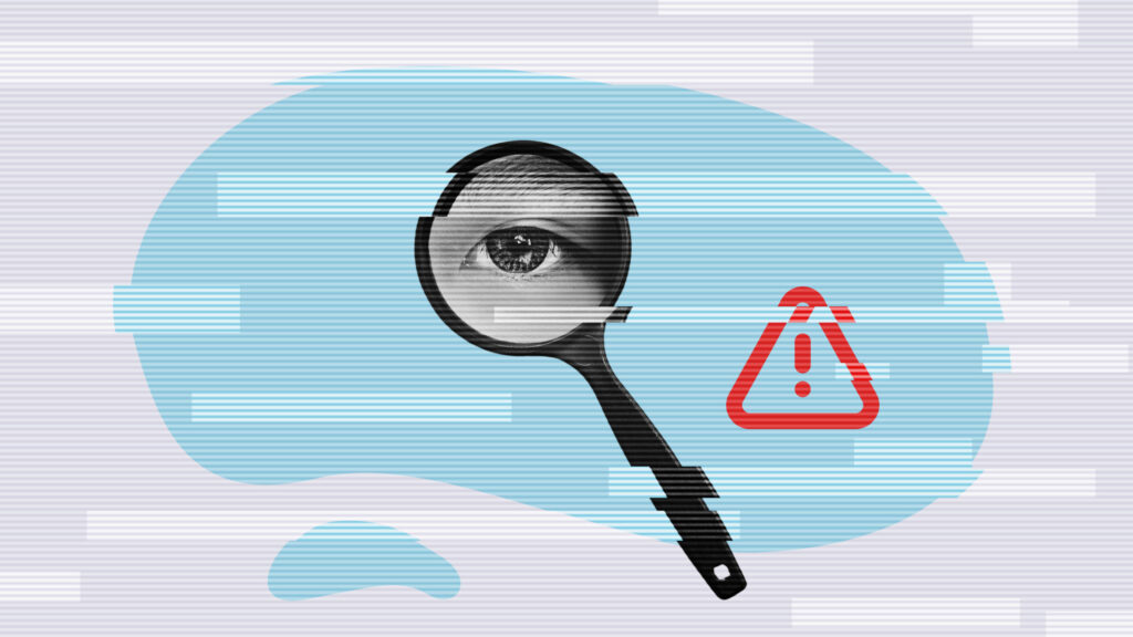 Illustrative image of an eye in a magnifying glass with a red triangle exclamation point icon on a blue blob