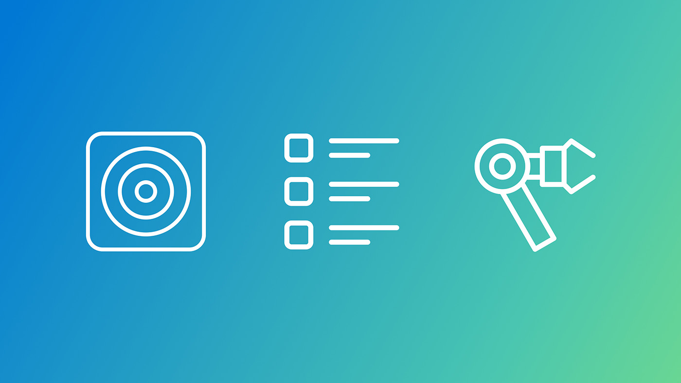 V2GP framework | Three white line icons, showing a target within a rounded square, a checklist, and a robotic arm, on a blue‑to‑green gradient background.