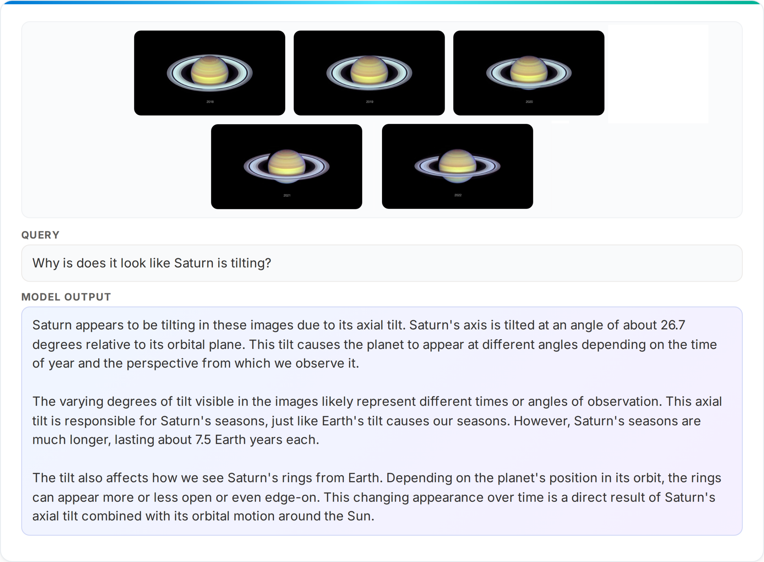 A multi-image reasoning example — five Hubble photos of Saturn from 2018–2022, with the query 