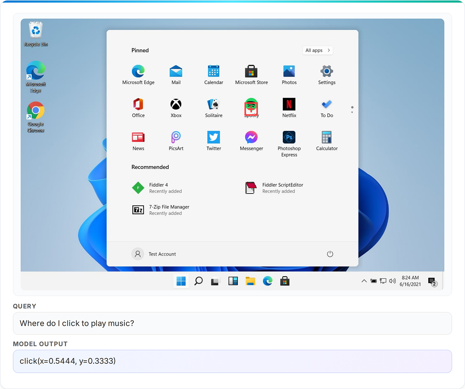A GUI interaction task. Given a Windows 11 Start Menu screenshot and the query 