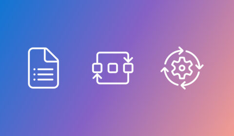 Three white line icons in a row; a document list, a workflow, and process wheel against a blue and purple gradient background.