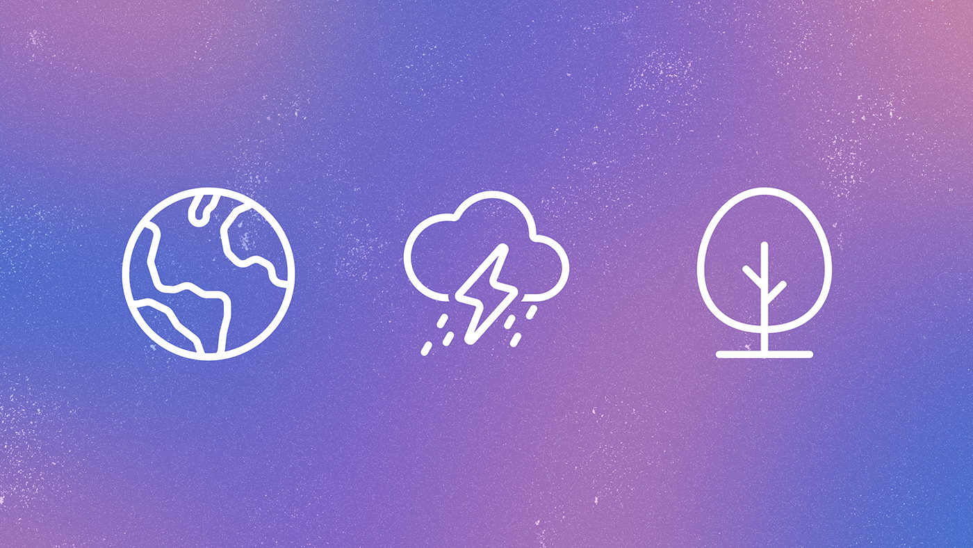 Aurora 1.5 | three white line icons on an abstract blue and purple background: globe, thunder cloud, tree