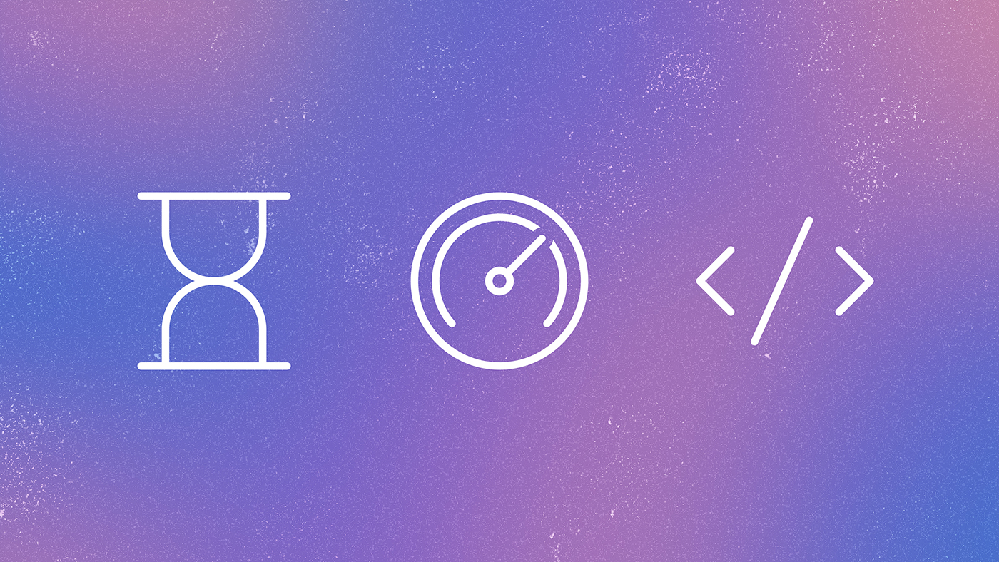 Three minimalist white icons on a purple-to-pink gradient background. From left to right: an hourglass, a circular gauge, and a pair of angle brackets with a slash.