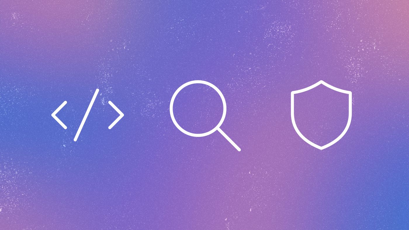 Project Ire | | three white line icons on an abstract purple background | greater than / less than icon, search icon, shield icon