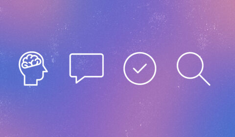 Understanding the brain | four white line icons on an abstract purple background: brain icon, chat bubble icon, circle with a checkmark icon, search icon