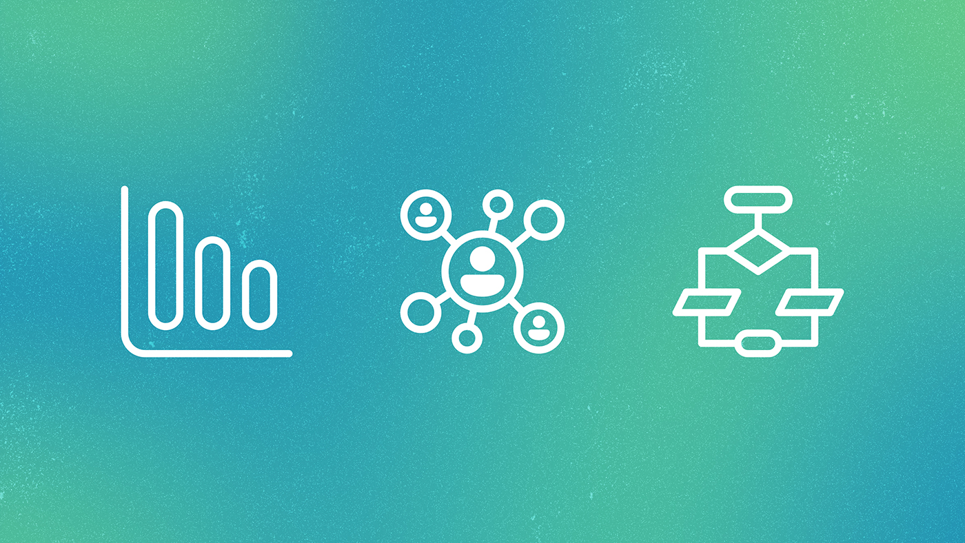 Flint blog | three white line icons on an abstract green background; bar chart icon, connected nodes icon, flowchart icon