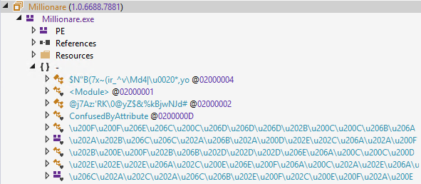Obfuscated .NET assembly Millionare showing some of the scrambled names.