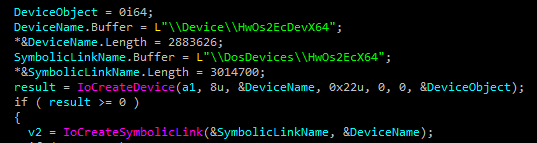 HwOs2Ec10x64.sys control device creation with IoCreateDevice.