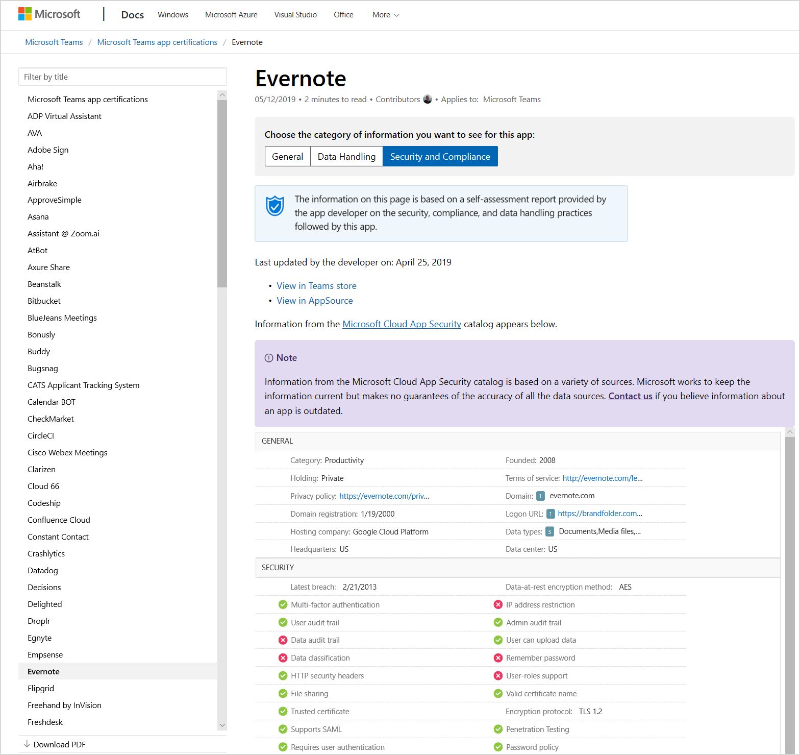 Image of public risk assessment information for Teams apps.