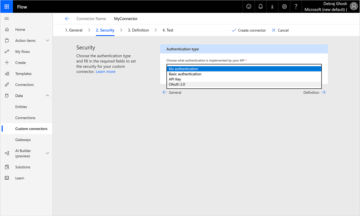 Screenshot of an authentication type being selected for a connector in Microsoft Flow.